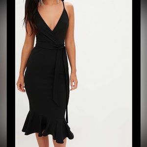Black Strappy Tie Waist Fishtail Midi Dress